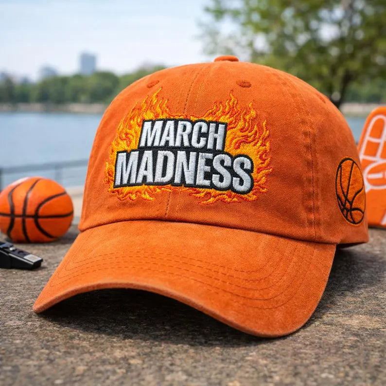 March Madness Washed Hat Embroidered, Sporty Basketball Cap for Game Day