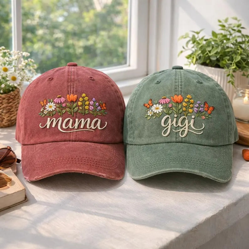 Custom Floral Embroidered Baseball Hat, Mama, Grandma, Gigi Gift