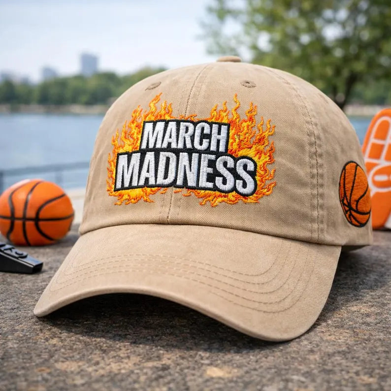 March Madness Washed Hat Embroidered, Sporty Basketball Cap for Game Day