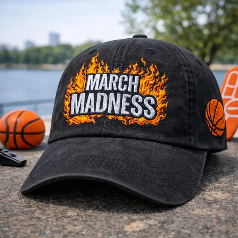 March Madness Washed Hat Embroidered, Sporty Basketball Cap for Game Day